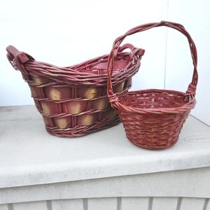 Pair of Burgundy and Gold Woven Baskets